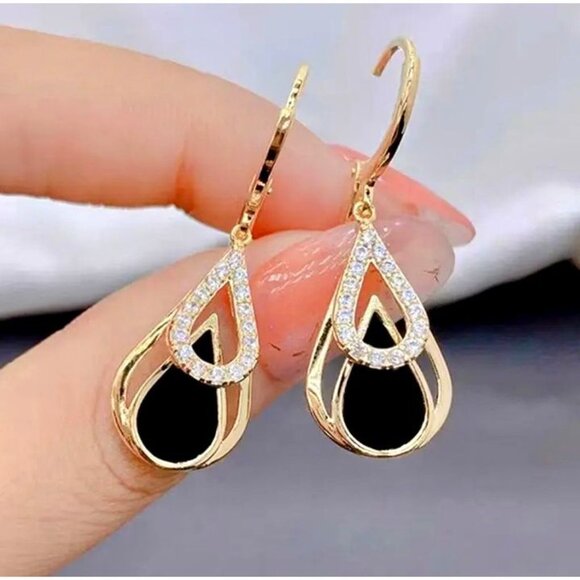 Gold and Black Teardrop Dangle Earrings - Picture 3 of 3